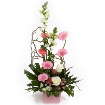 Pink Sorbet - This Lovely front facing, modern style, pink and white arrangement is available for delivery. A local delivery cost is deducted from your overall total when purchasing. This is a symmetrical, stylized, and sleek design. Ready to display in any environment. Buy these gorgeous flowers as a gift or to treat yourself. This arrangement is made in a pot with floral foam meaning they are ready to go, so no extra care required! Just set down your gorgeous flowers and enjoy! Add a custom card message...