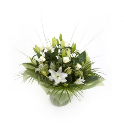 Bereavement Handtied - This Lovely bereavement arrangement is available for delivery. A local delivery cost is deducted from your overall total when purchasing. This is a subtle, stylized, and classic design. Ready to display in any environment. Buy these gorgeous flowers as a gift or to treat yourself. This beautiful bouquet is made in a water bubble, presented in a gift bag/box, meaning they are ready to go, so no extra care required! Just set down your gorgeous flowers and enjoy! Add a custom card message to yo...