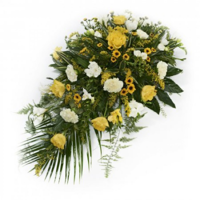 Yellow Single Ended Spray - This Lovely bereavement spray arrangement is available for delivery. A local delivery cost is deducted from your overall total when purchasing. This is a subtle, stylized, and classic design. Ready to display in any environment. Buy these gorgeous flowers as a gift or to treat yourself. This beautiful arrangement is made in floral foam, meaning they are ready to go, so no extra care required! Just set down your gorgeous flowers and enjoy! Add a custom card message to your order to let the re...